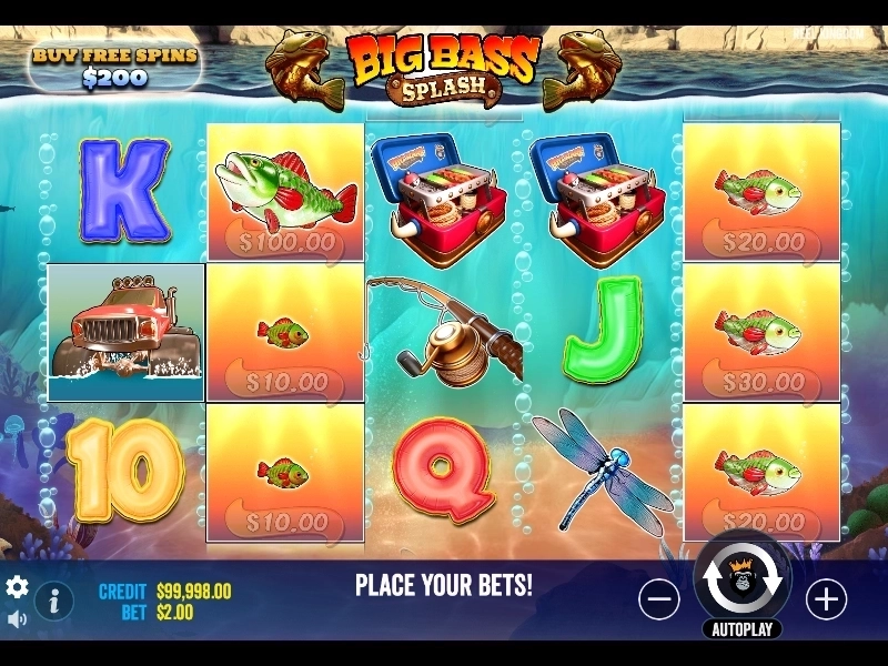 Big Bass Splash slot machine reels showing the fishing-themed symbols and money collect feature